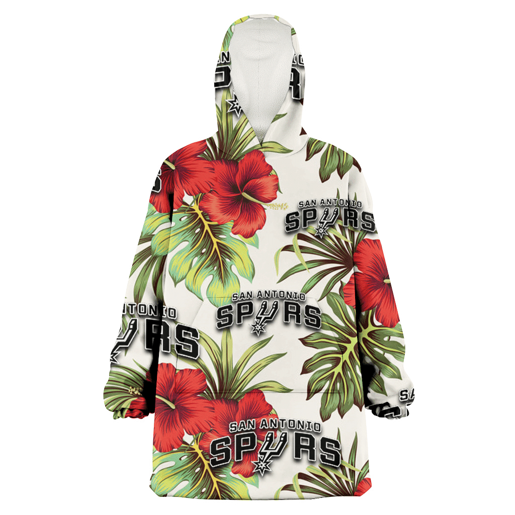 San Antonio Spurs Red Hibiscus Green Tropical Leaf Cream Background 3D Printed Hoodie Blanket Snug Hoodie