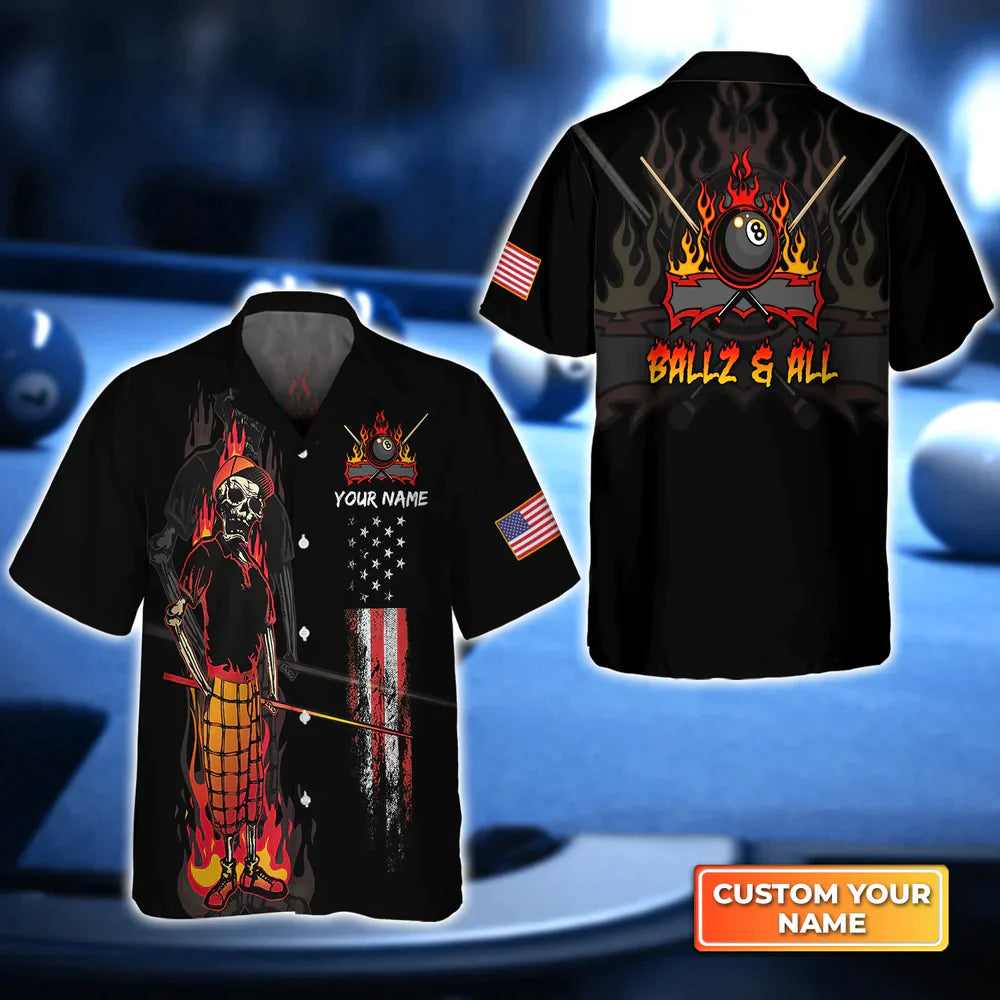 Ballz & All Team Bones 8 Ball American Flag Billiards Personalized Name 3D Hawaiian Shirt, Gift For Billiard Players