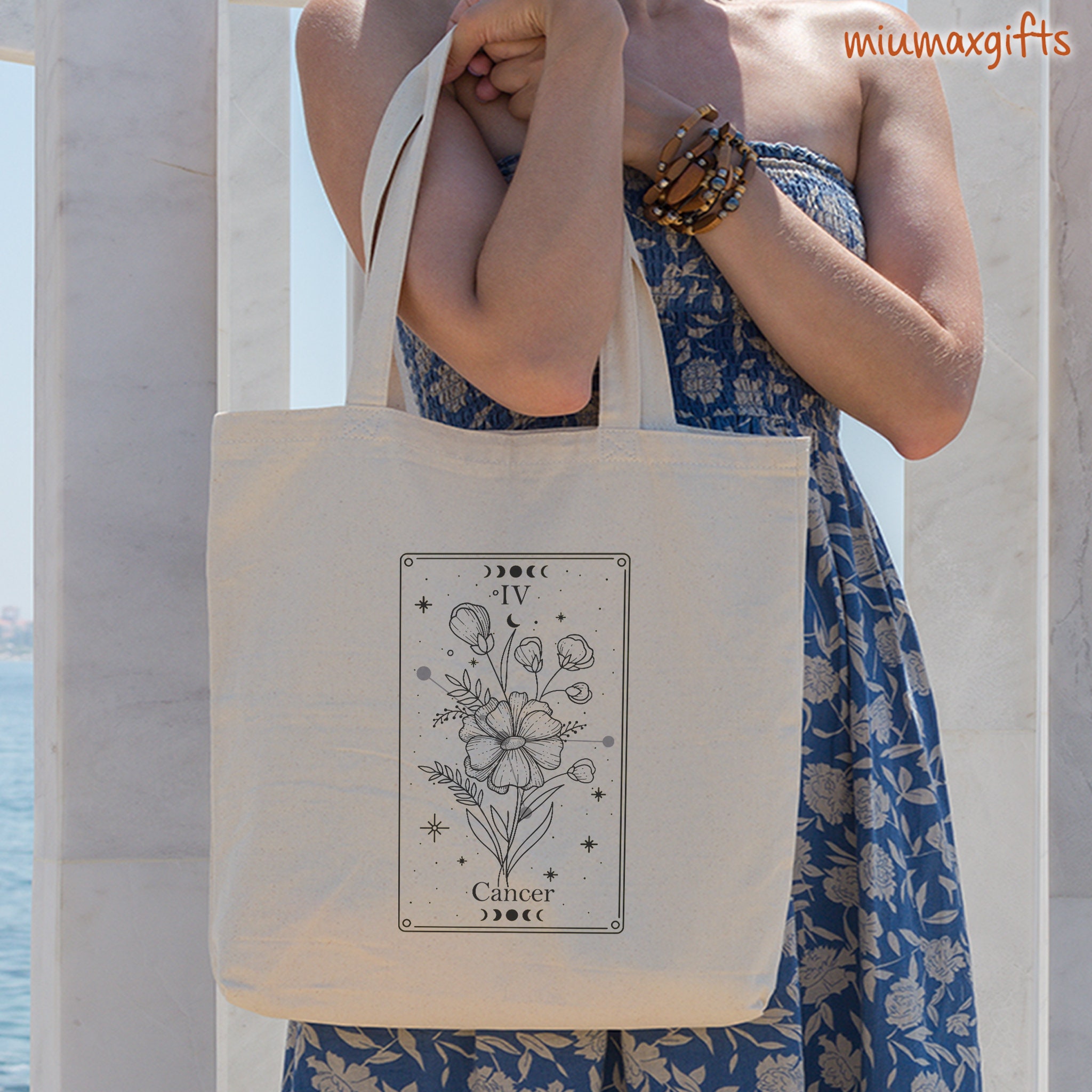 Cancer Zodiac Sign & Horoscope Flower Tote Bag, Zodiac Tarot Card Tote, Astrology Tote Bag, Horoscope Tote Bag, Eco-Friendly Tote Bag