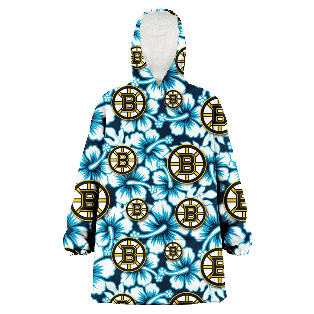 Boston Bruins Blue Line White Hibiscus Black Background 3D Printed Hoodie Blanket Snug Hoodie