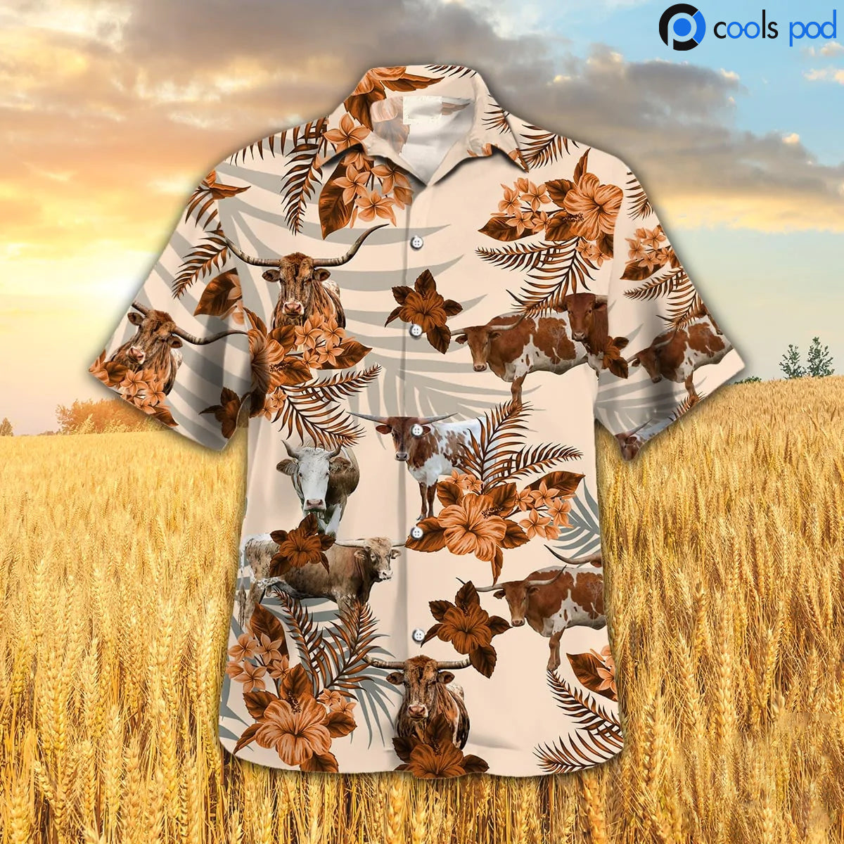 Texas Longhorn Hibiscus Hawaiian Shirt, Orange Cow Hawaiian Shirt, Hawaiian Shirt For Men Women