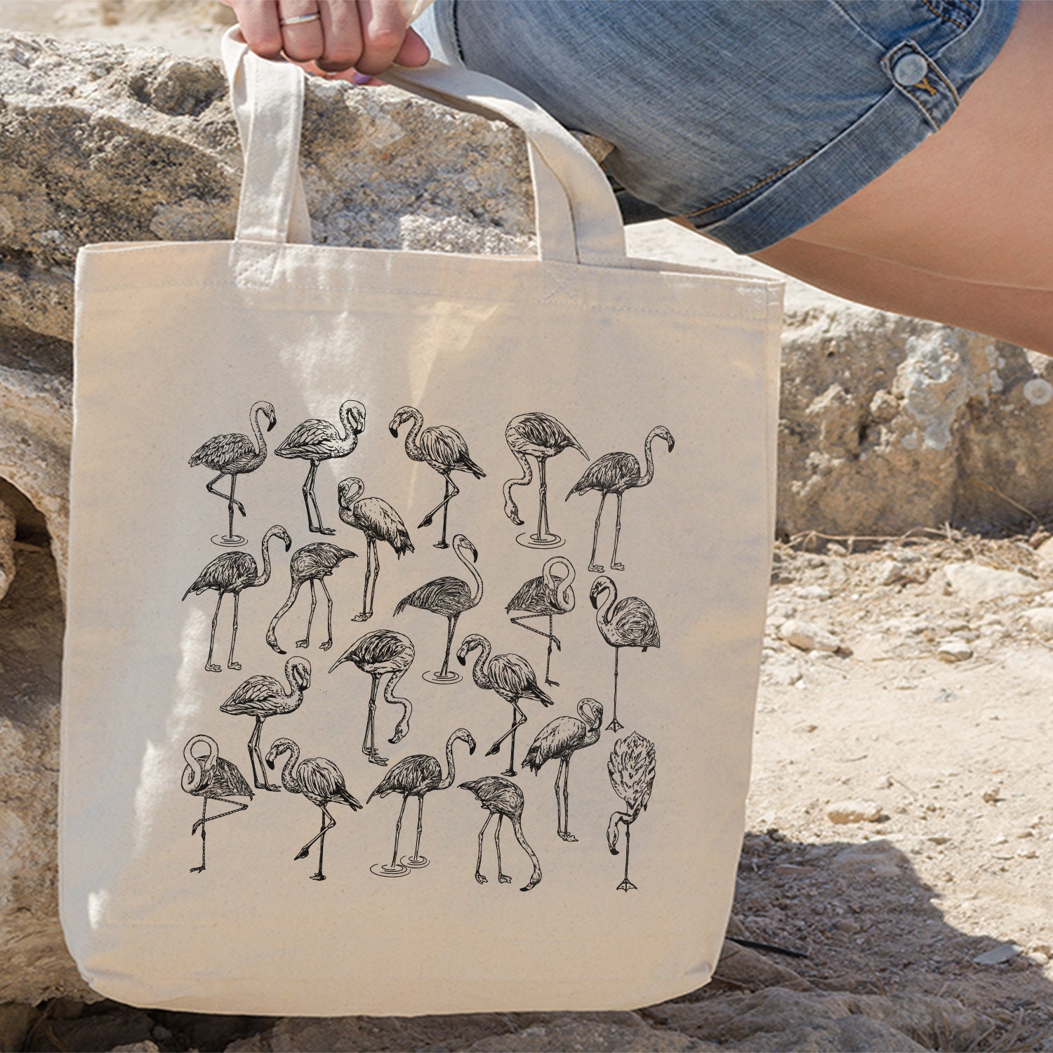 Flamingoes Tote Bag, Flamingoes Bag, Flamingoes Tote , Hand Drawn Design By Miumaxgift, Natural Cotton Tote Bag, Eco-Friendly Tote Bag