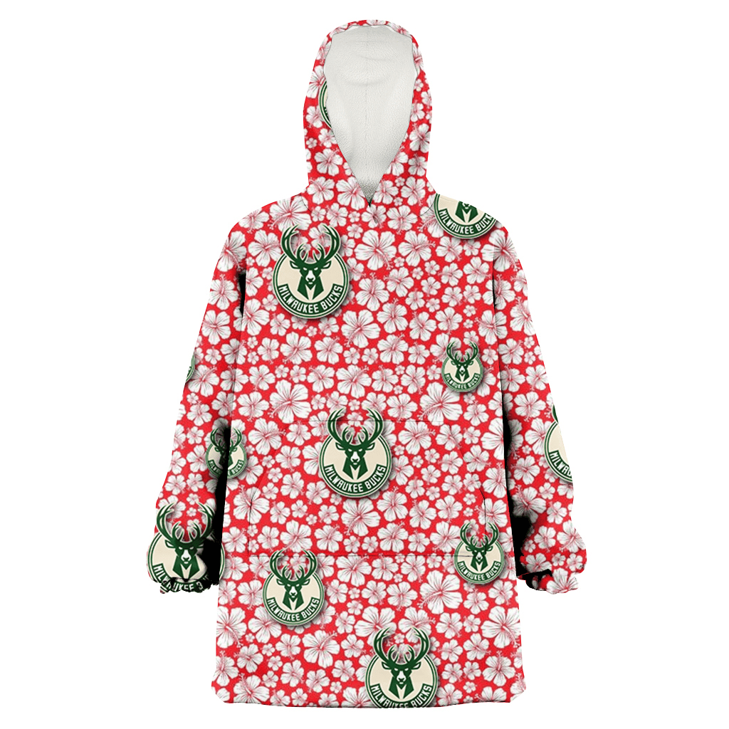 Milwaukee Bucks Tiny White Hibiscus Pattern Red Background 3D Printed Hoodie Blanket Snug Hoodie