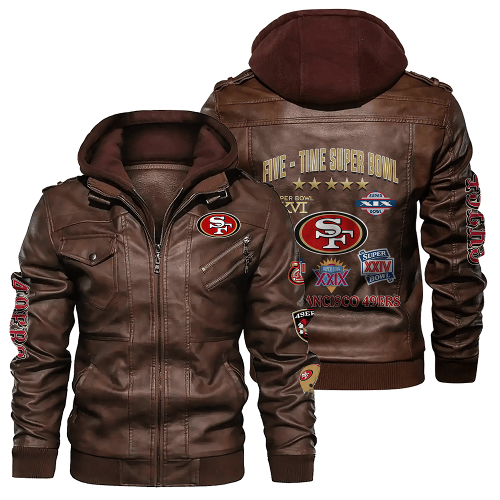 San Francisco 49ers NFL Division Five Time Super Bowl Champions Zip Brown Leather Jacket With Hood