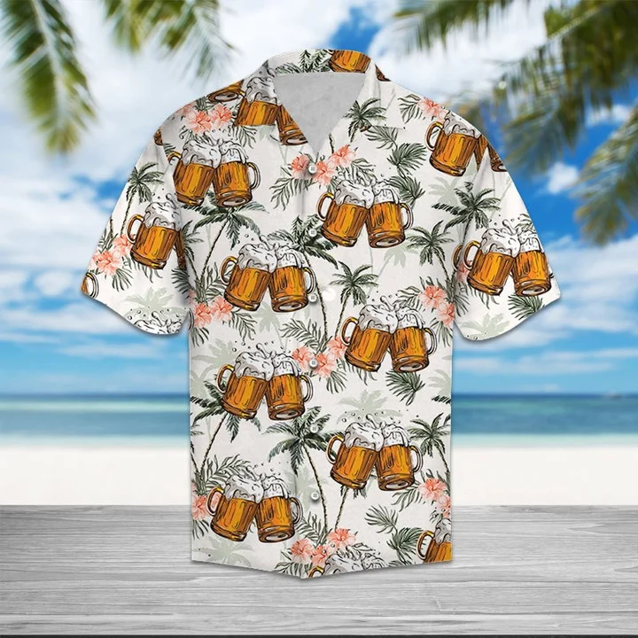 Fresh Beer With Foam Palm Trees Hawaiian Shirt