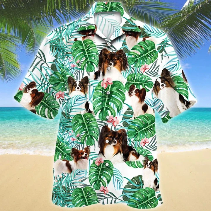 Papillon Dog Tropical Plant Monstera Leaves And Pink Flower Pattern Hawaiian Shirt