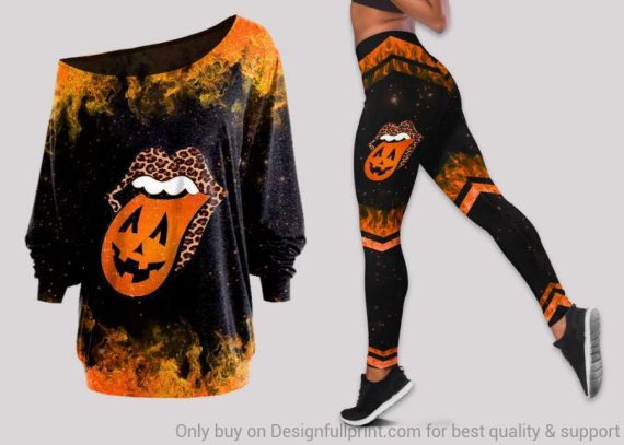 Halloween Pumpkin Tongue Off Shoulder Long Sleeves Top And Leggings Set