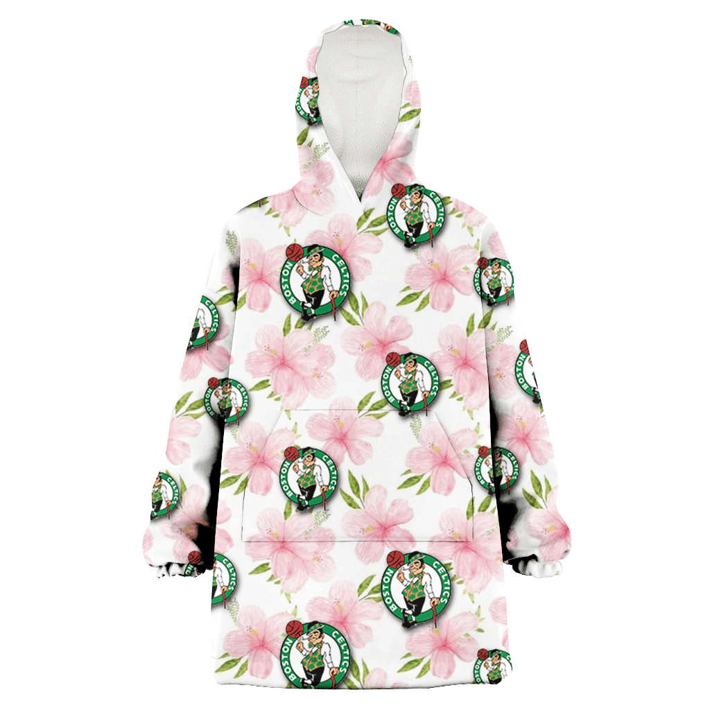 Boston Celtics Light Pink Hibiscus White Background 3D Printed Hoodie Blanket Snug Hoodie