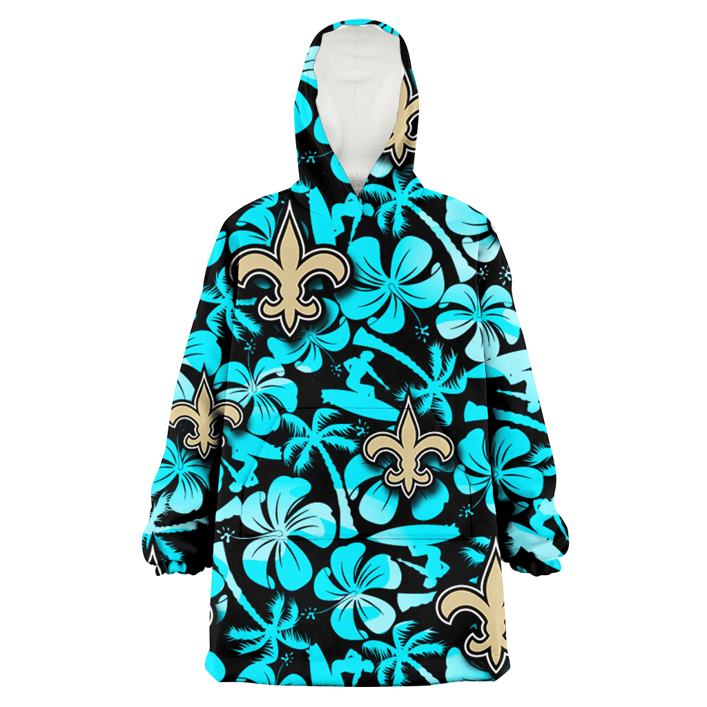 New Orleans Saints Blue Hibiscus Blue Coconut Tree Black Background 3D Printed Hoodie Blanket Snug Hoodie