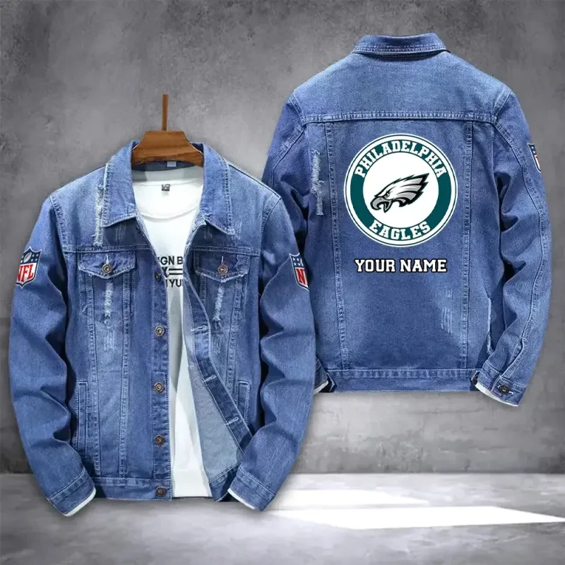 Philadelphia Eagles NFL Team Name Personalized Back Logo Blue Denim Jacket