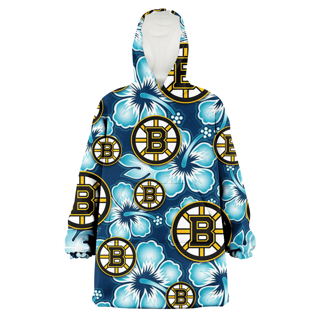 Boston Bruins Dark Turquoise Hibiscus Navy Background 3D Printed Hoodie Blanket Snug Hoodie