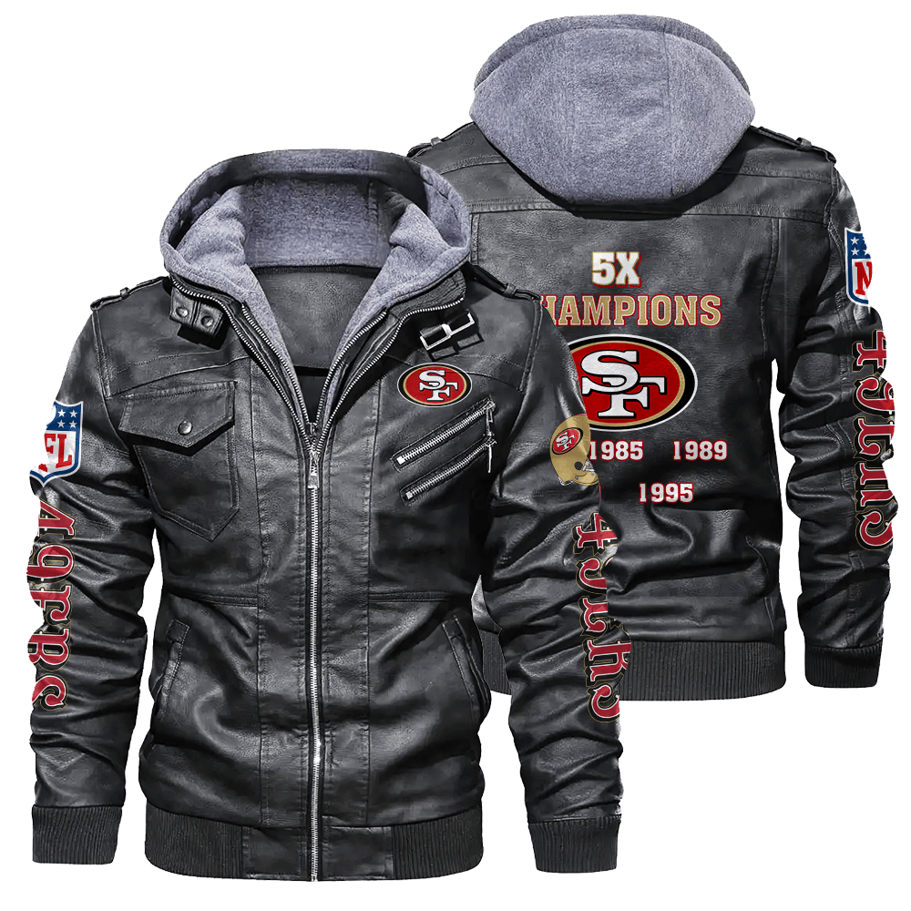 San Francisco 49ers X Super Bowl NFL Division Champions Zip Black Leather Jacket With Hood