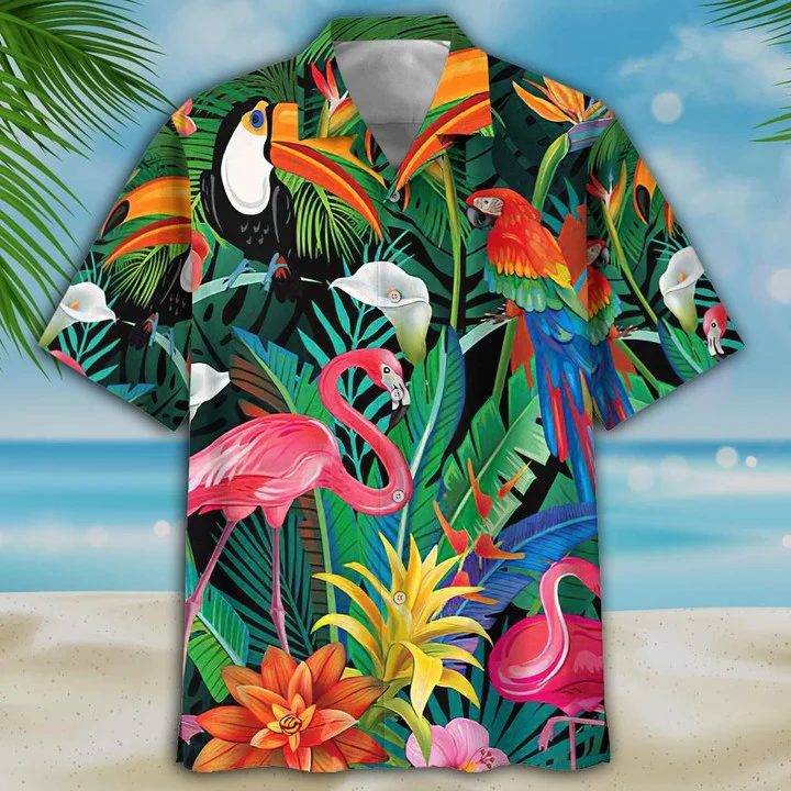 Toucan And Flamingo Ornamental Hawaiian Shirt, Flamingo Flower Hawaii Shirt