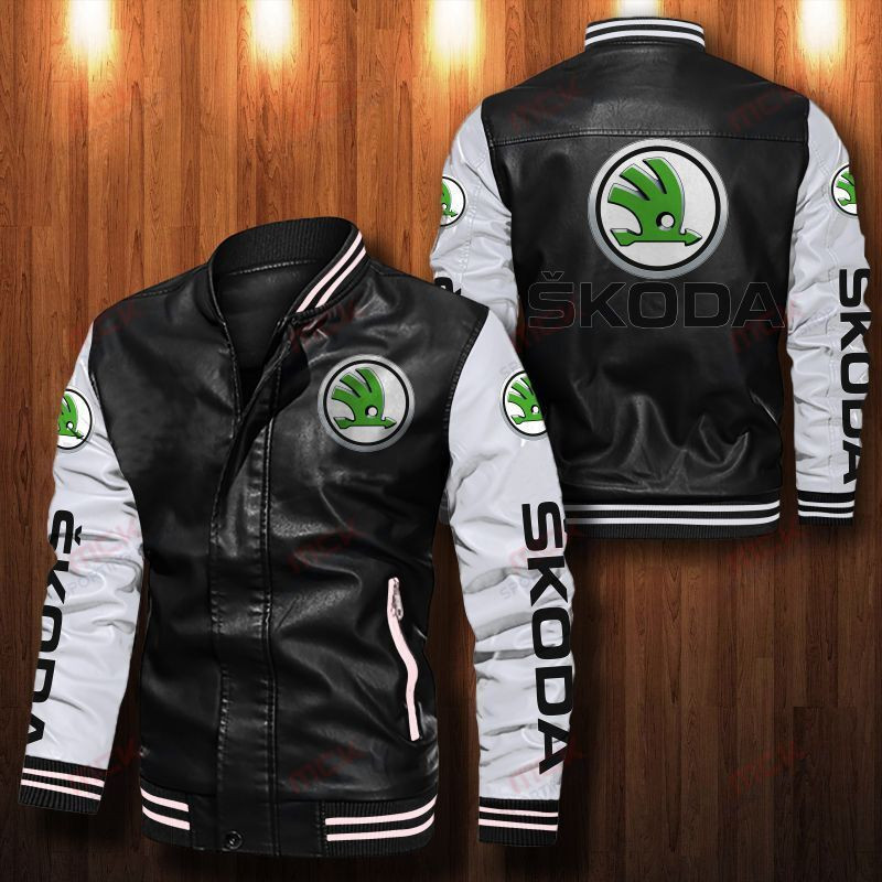 Skoda Auto Leather Varsity Jacket Bomber Coat