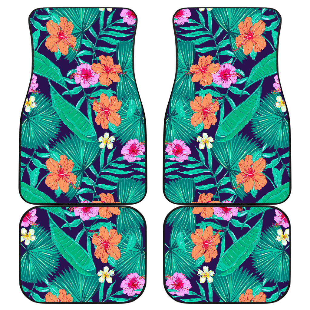 Teal Hawaiian Leaf Flower Pattern Print Front And Back Car Floor Mats, Front Car Mat