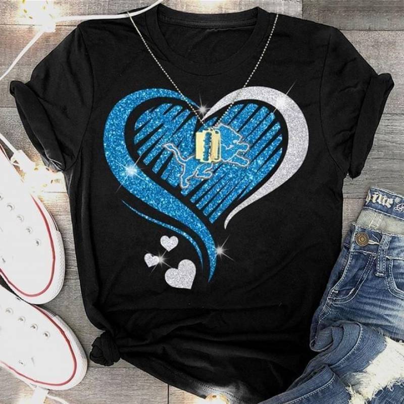 Detroit Lions Glitter Heart Shape T Shirt