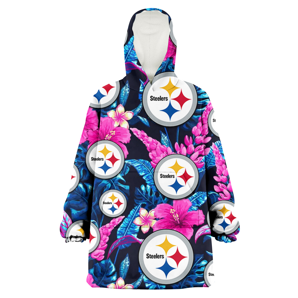 Pittsburgh Steelers Violet Red Hibiscus Blue Leaf Black Background 3D Printed Hoodie Blanket Snug Hoodie