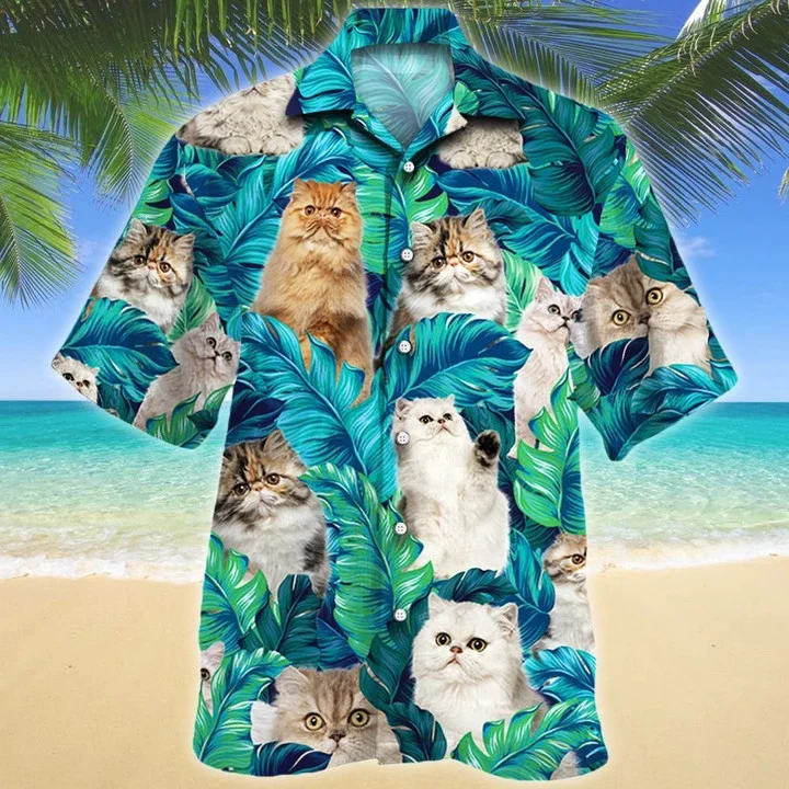 Persian Cat Lovers Gift Blue And Green Tropical Leave Hawaiian Shirt