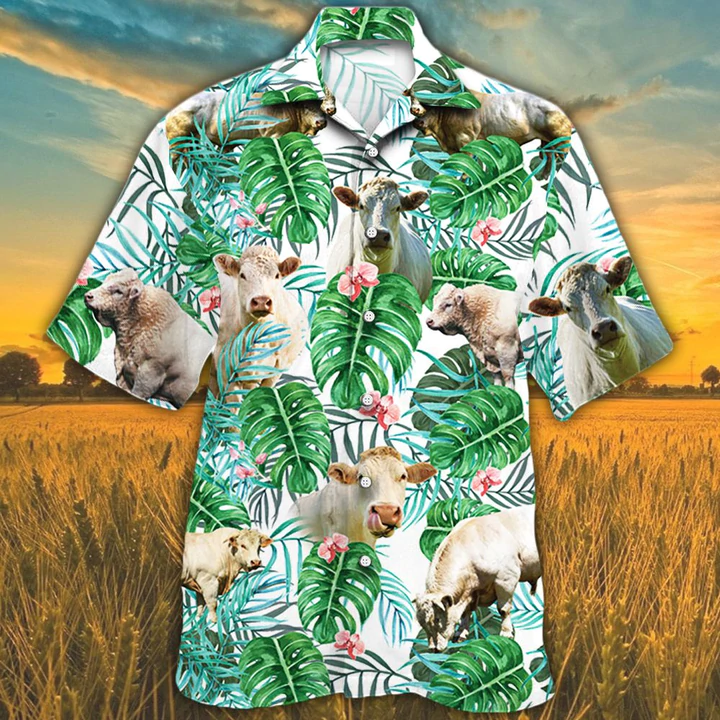 Hawaiian Shirt For Men, Charolais Cattle Lovers Tropical Plant Hawaiian Shirt, Cow Hawaiian Shirt