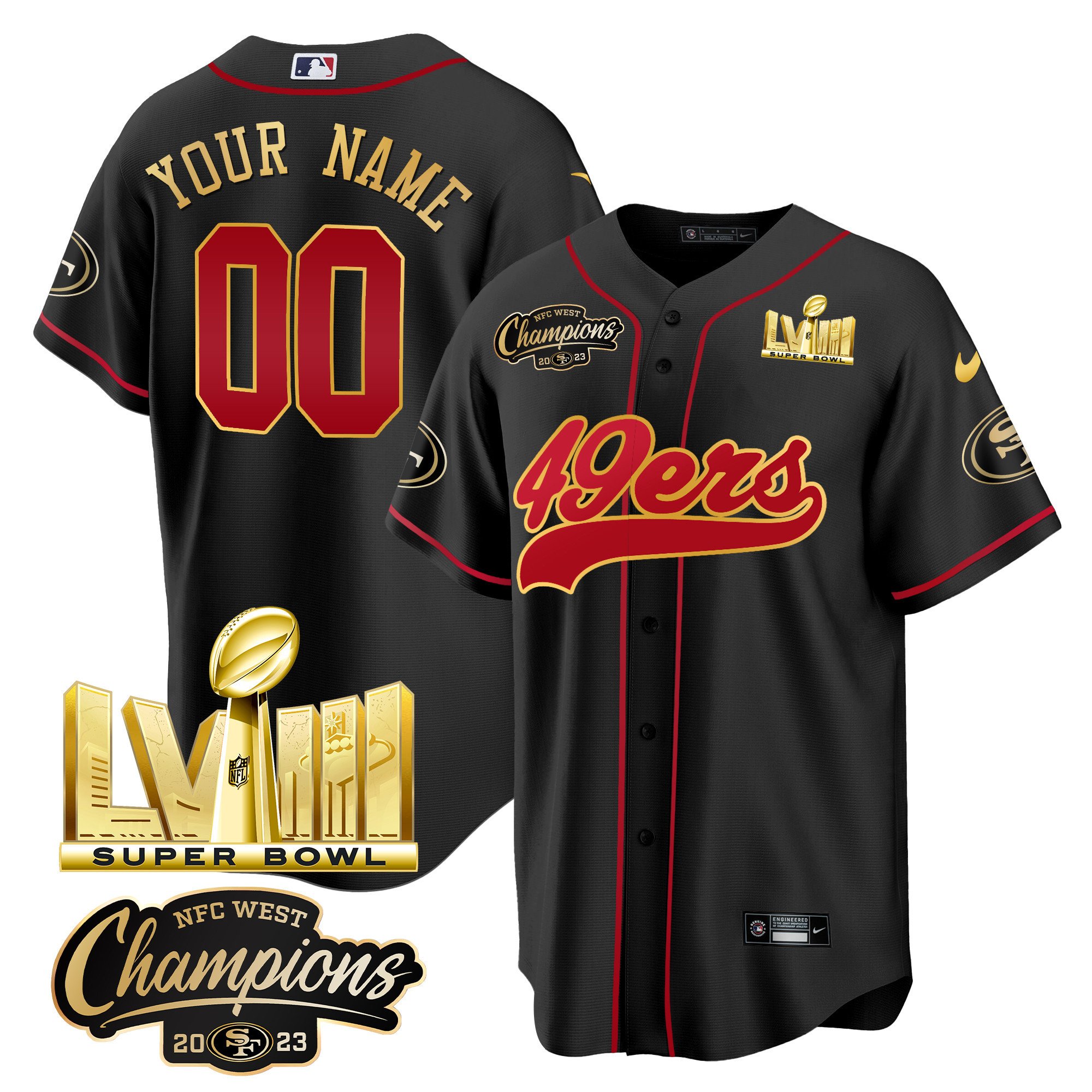 49Ers Nfc West Champions & Super Bowl Lviii Gold Patch Baseball Custom Jersey – All Stitched