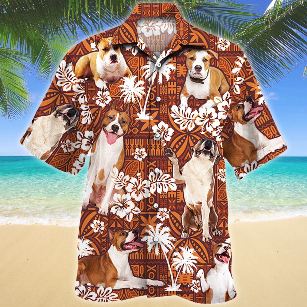 American Staffordshire Terrier Dog Lovers Red Tribal Pattern Hawaii Shirt, Dog Hawaiian Shirt Men