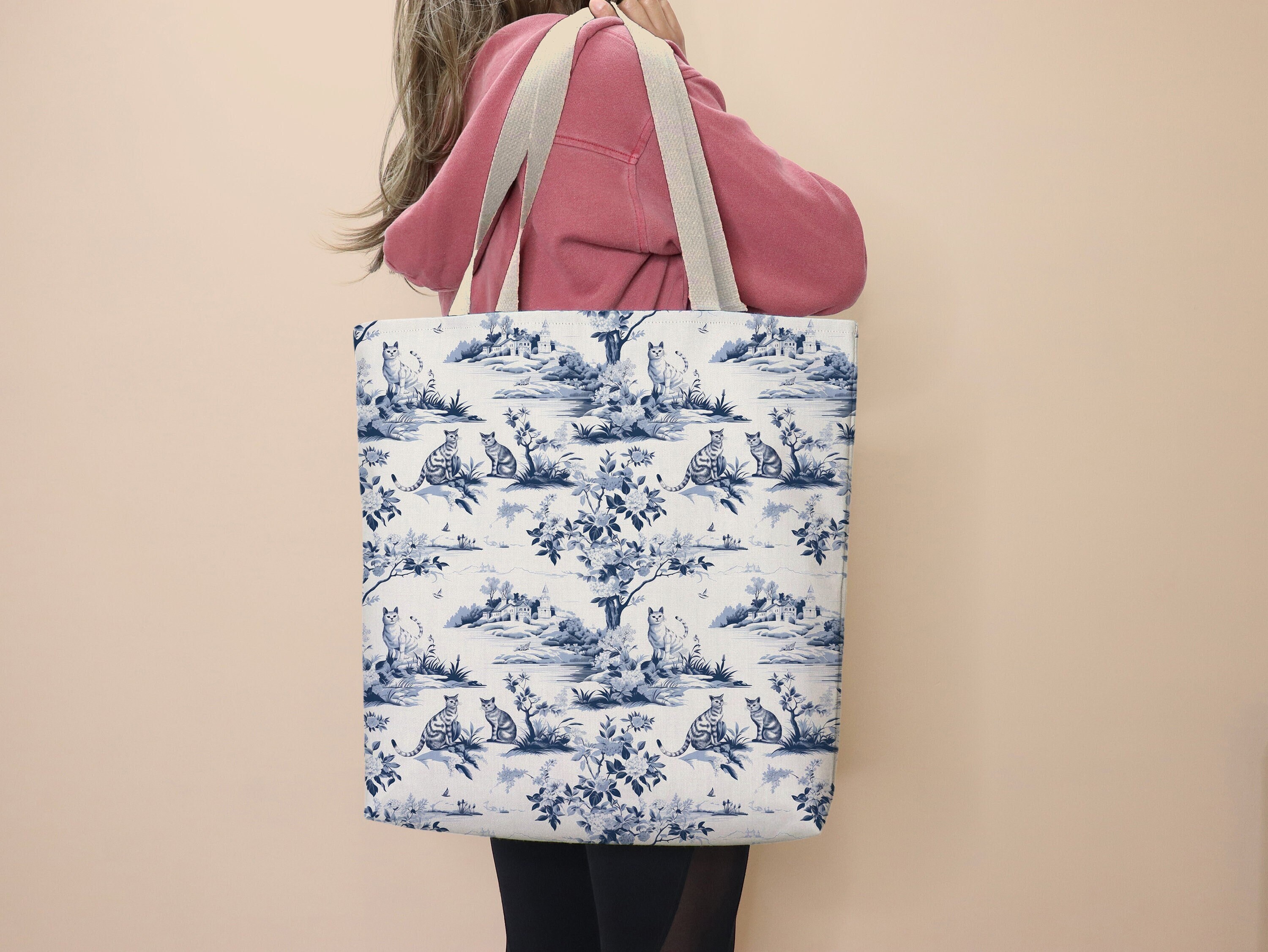 Cat Toile Tote Bag Toile Cat Bag School Tote Cat Lover Kitty Owner Cat Mom Gift Toile de Jouy Tote Grocery Bag Work Tote French Toile Blue