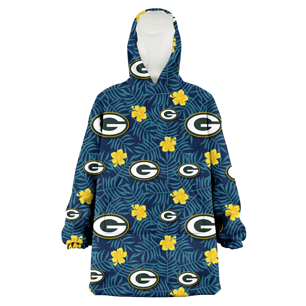 Green Bay Packers Yellow Hibiscus Cadet Blue Leaf Navy Background 3D Printed Hoodie Blanket Snug Hoodie