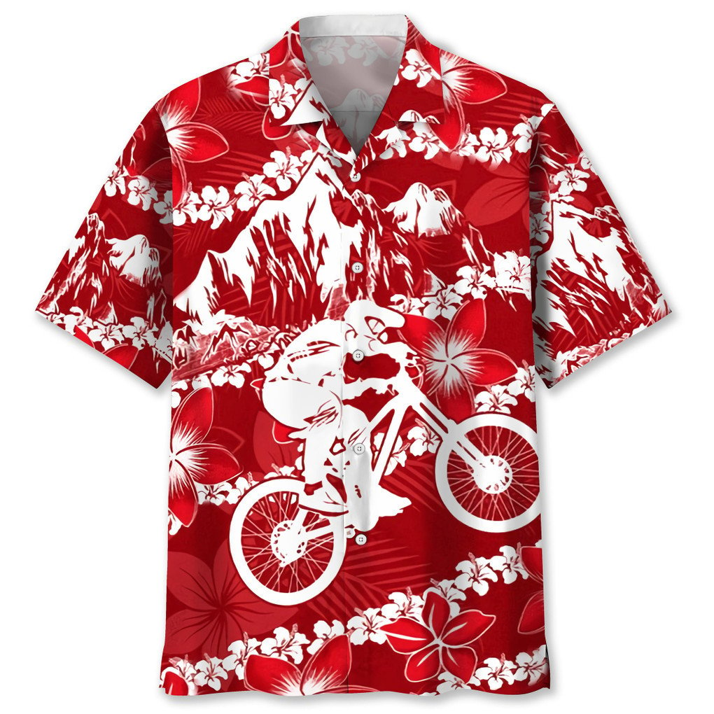 Mountain Bike Red Nature Hawaiian Shirt, Red Flower Pattern Hawaiian Shirt