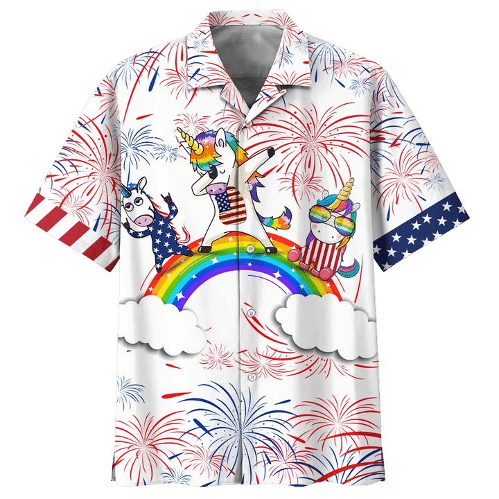 Rainbow And Unicorn Background Hawaiian Shirt, 4Th Of July Hawaiian Shirt