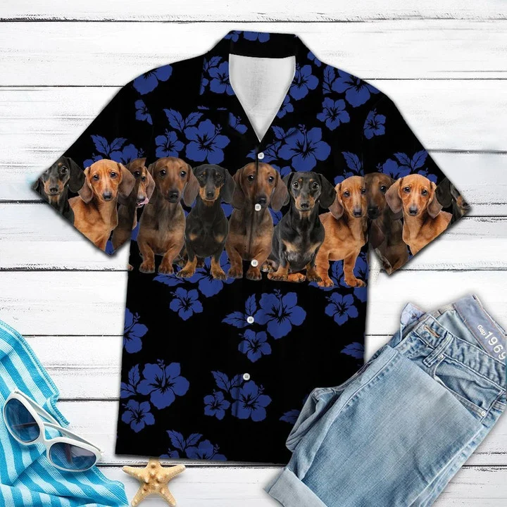 Dachshund Dogs With Blue Hibiscus In Black Hawaiian Shirt For Men And Women, Gift For Dog Lovers