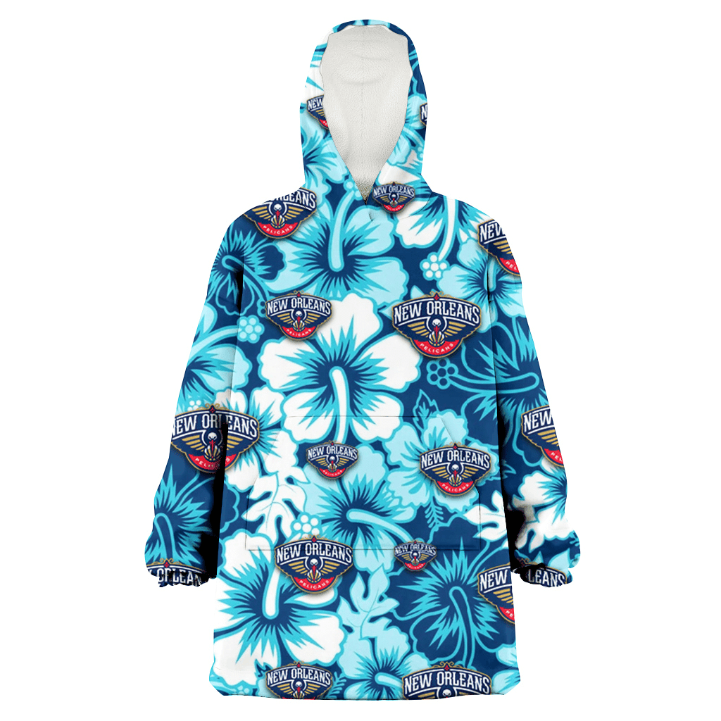 New Orlean Pelicans White Blue Hibiscus Blue Background 3D Printed Hoodie Blanket Snug Hoodie