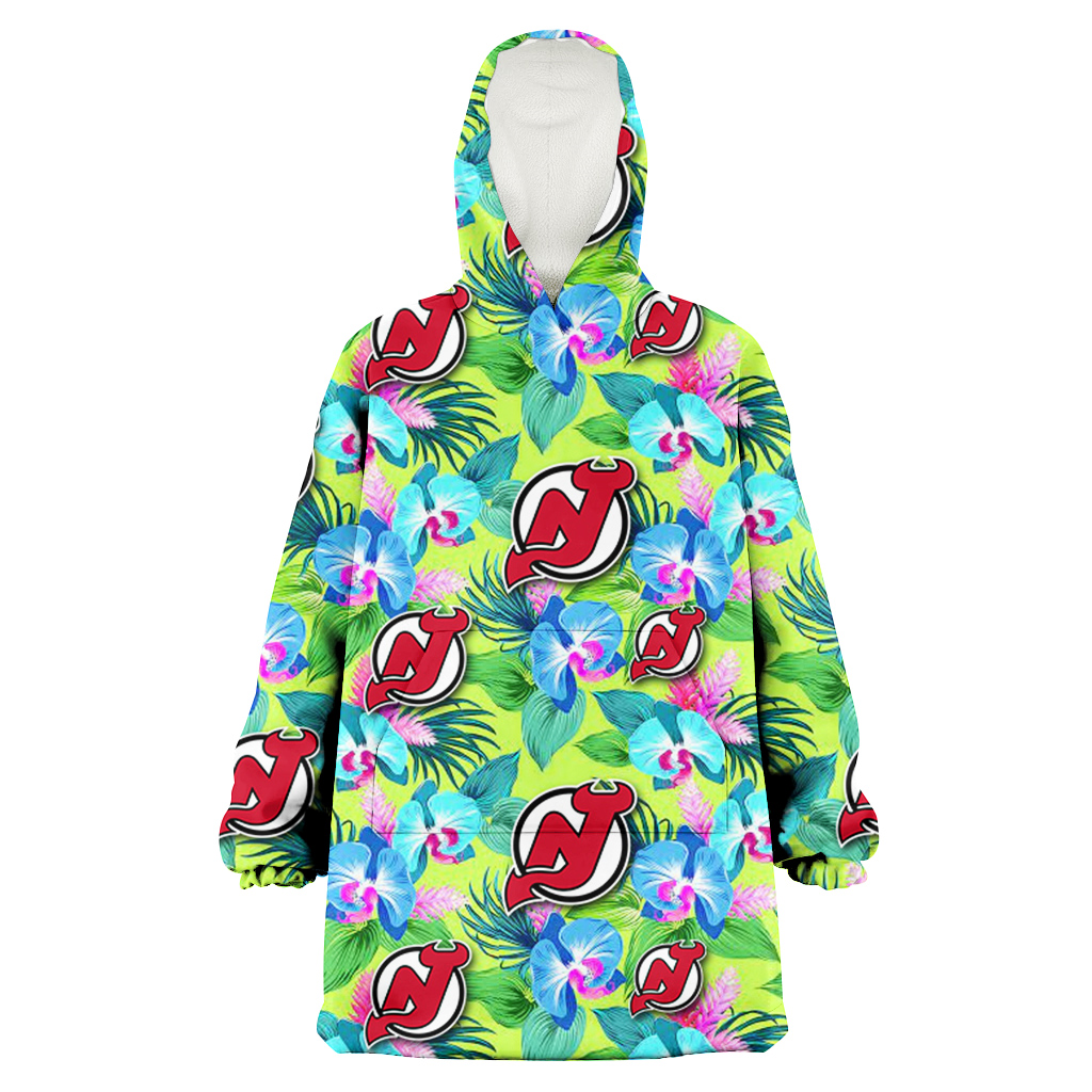 New Jersey Devils Blue Orchid Green Pink Leaf Green Background 3D Printed Hoodie Blanket Snug Hoodie