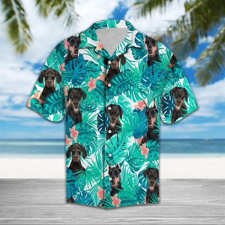 Doberman Hiding Behind Tropical Leave Hawaiian Shirt