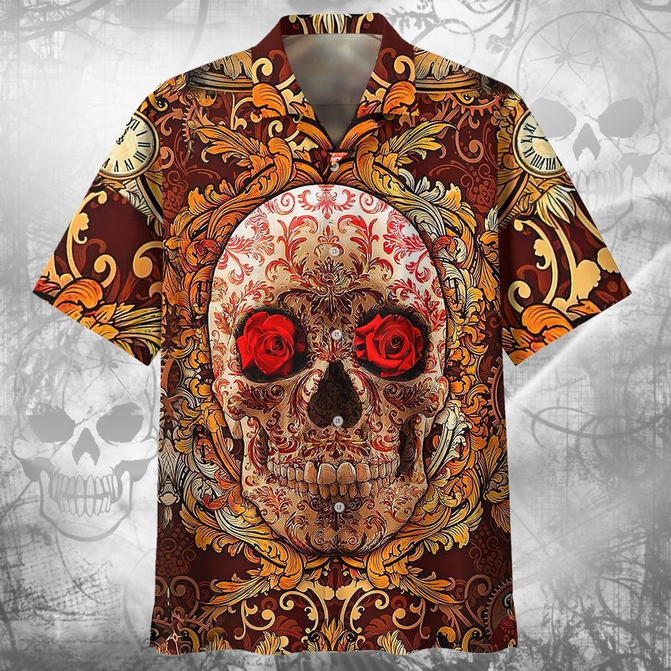 3D All Over Printed Hawaiian Shirts With Skull, Rose Skull Hawaii Shirt, Floral Skull Hawaiian Shirts