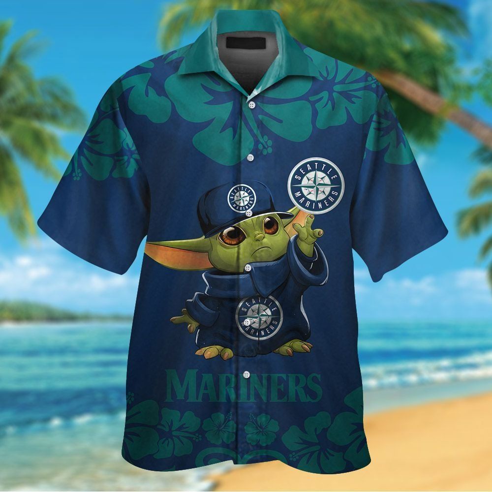 Seattle Mariners Baby Yoda Short Sleeve Button Up Tropical Hawaiian Shirt