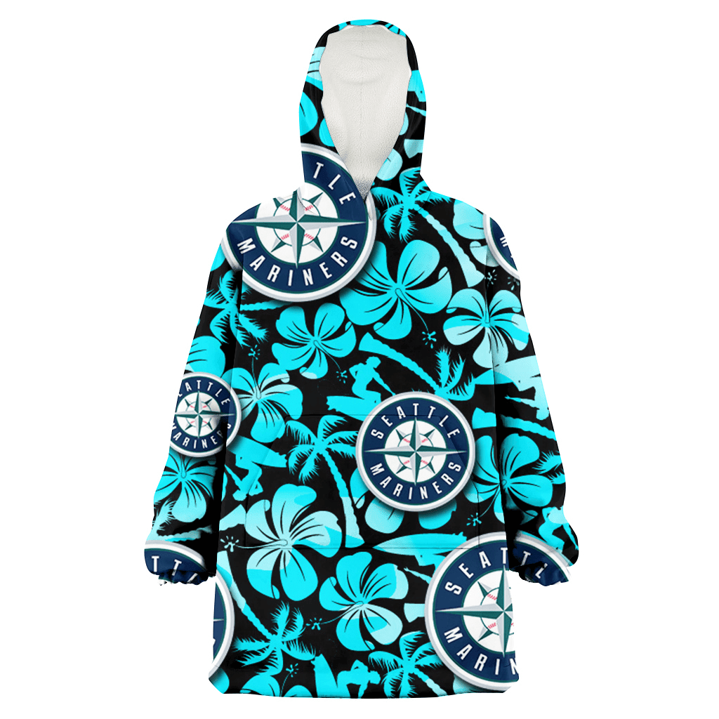 Seattle Mariners Blue Hibiscus Blue Coconut Tree Black Background 3D Printed Hoodie Blanket Snug Hoodie