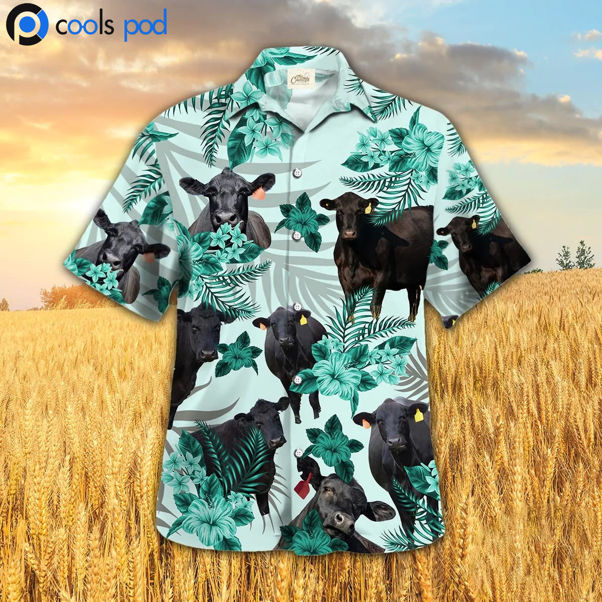 Black Angus Hawaiian Shirt Hibiscus Pattern, Cow Hawaii Aloha Beach Shirt