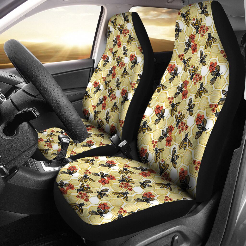 Flower Bee Hexagon Car Seat Covers, Seat Covers Full Set, Carseat Covers, Automotive Seat Covers