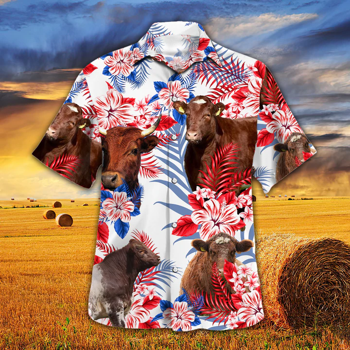 Shorthorn Cattle Lovers American Flag Hawaiian Shirt, Cow Aloha Hawaiian Shirt, Cow Hawaiian Shirt Vintage, Hawaiian Shirt Men