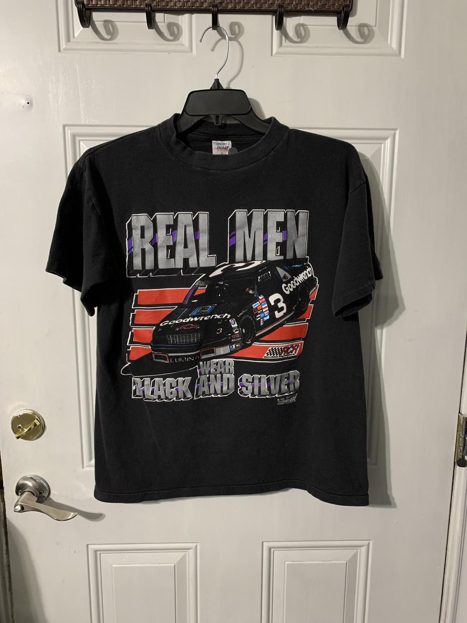 Vintage 1990 Real Wear Black And Silver Sport Image T-Shirt L