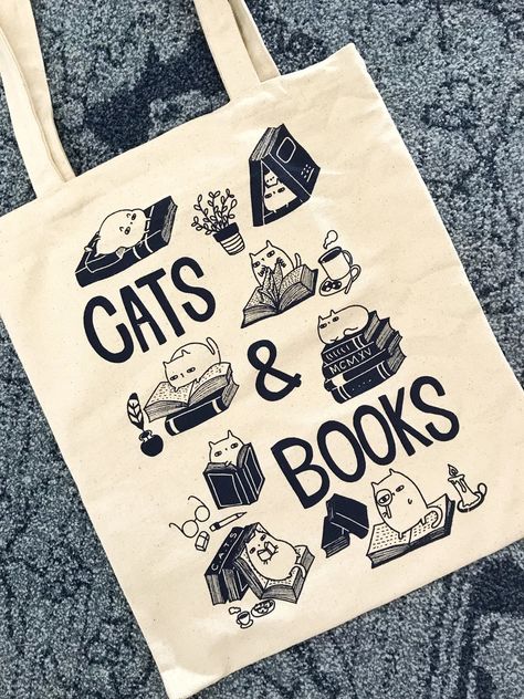 Cat & Books Tote Bag Funny Cat Book Tote Bags