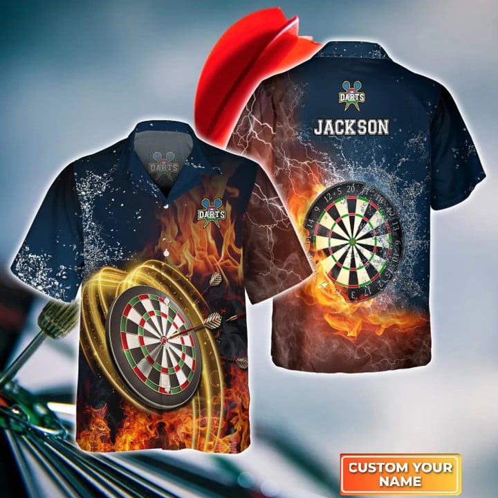 Darts On Fire Personalized Name 3D Hawaiian Shirt, Gift For Darts Player, Dart Hawaiian Shirt