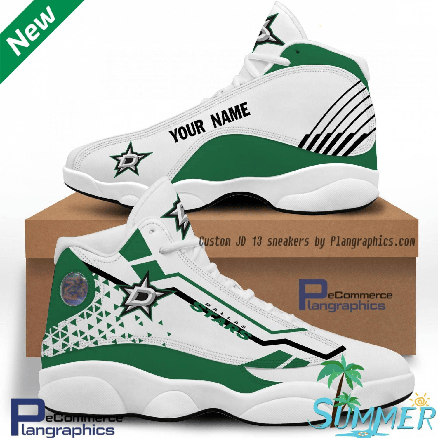 Dallas Stars Custom Name White Green Air Jordan 13 Shoes JD13 V945