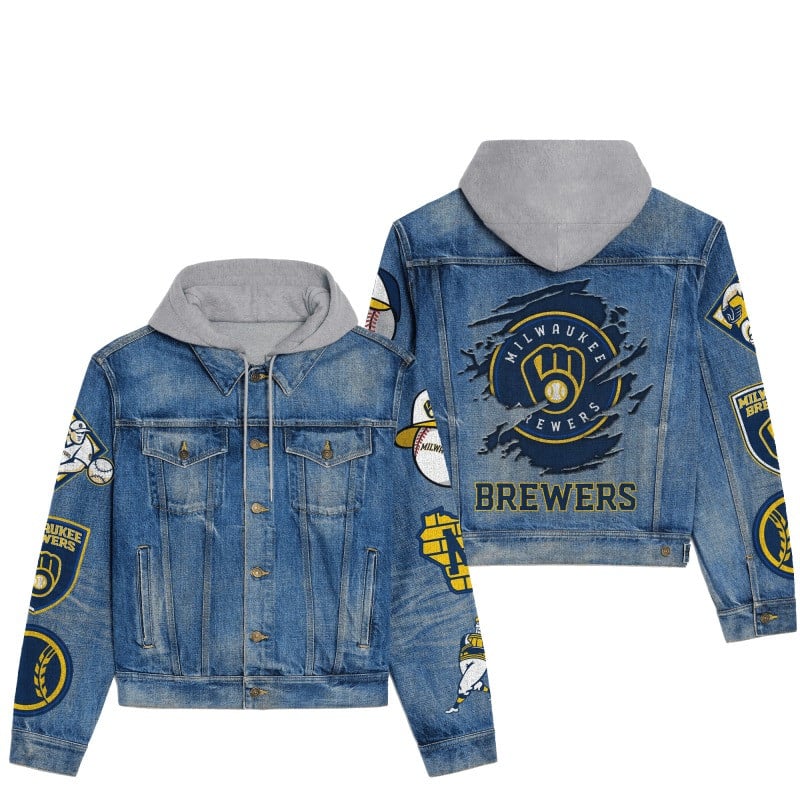 Milwaukee Brewers MLB Team Splash Logo 3D Hooded Denim Jacket