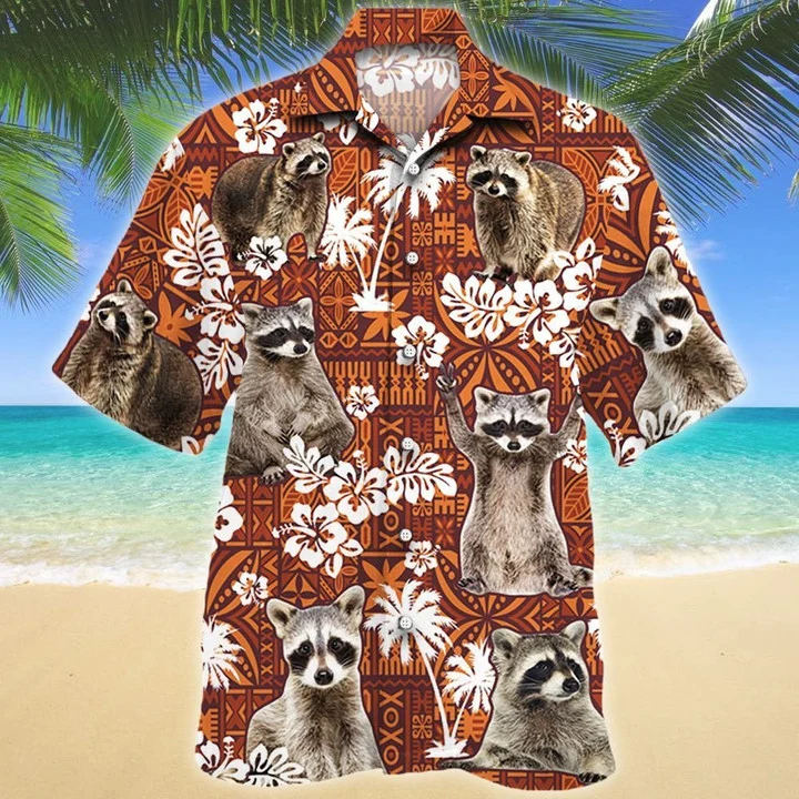 Funny Raccoon On Red Tribal Hawaiian Shirt, Summer Hawaiian Shirt Men