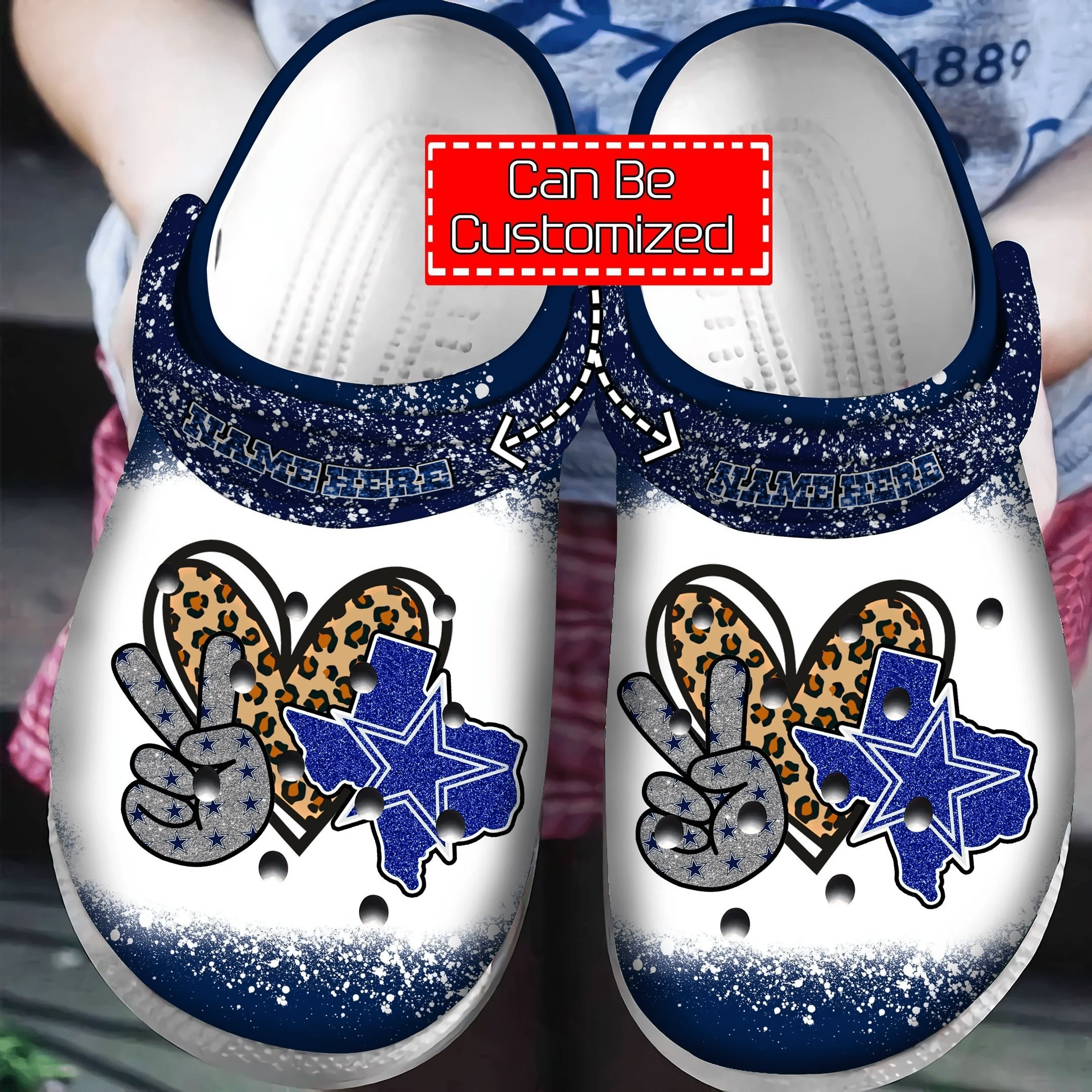 Peace Love Dallas Cowboys Glitter Leopard Custom Name Crocss Clog Comfortable Water Shoes Ver390