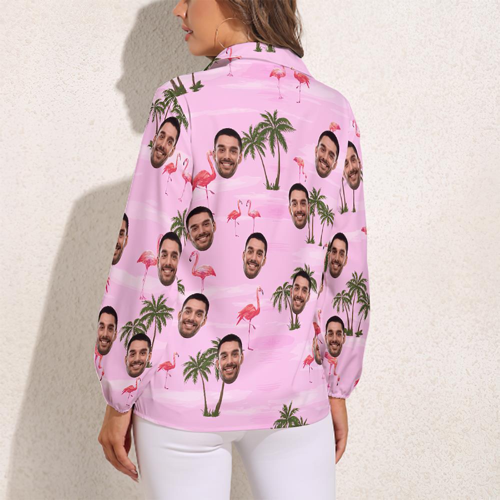 Wearzone Fashion Custom Cat Face Hawaiian Shirts Pink Flamingo Vintage Long Sleeves Hawaiian Shirts For Women