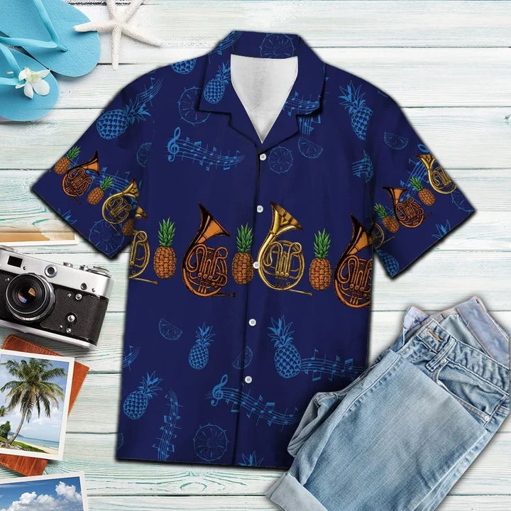 Navy Themed French Horn Musical Instrument Hawaiian Shirt