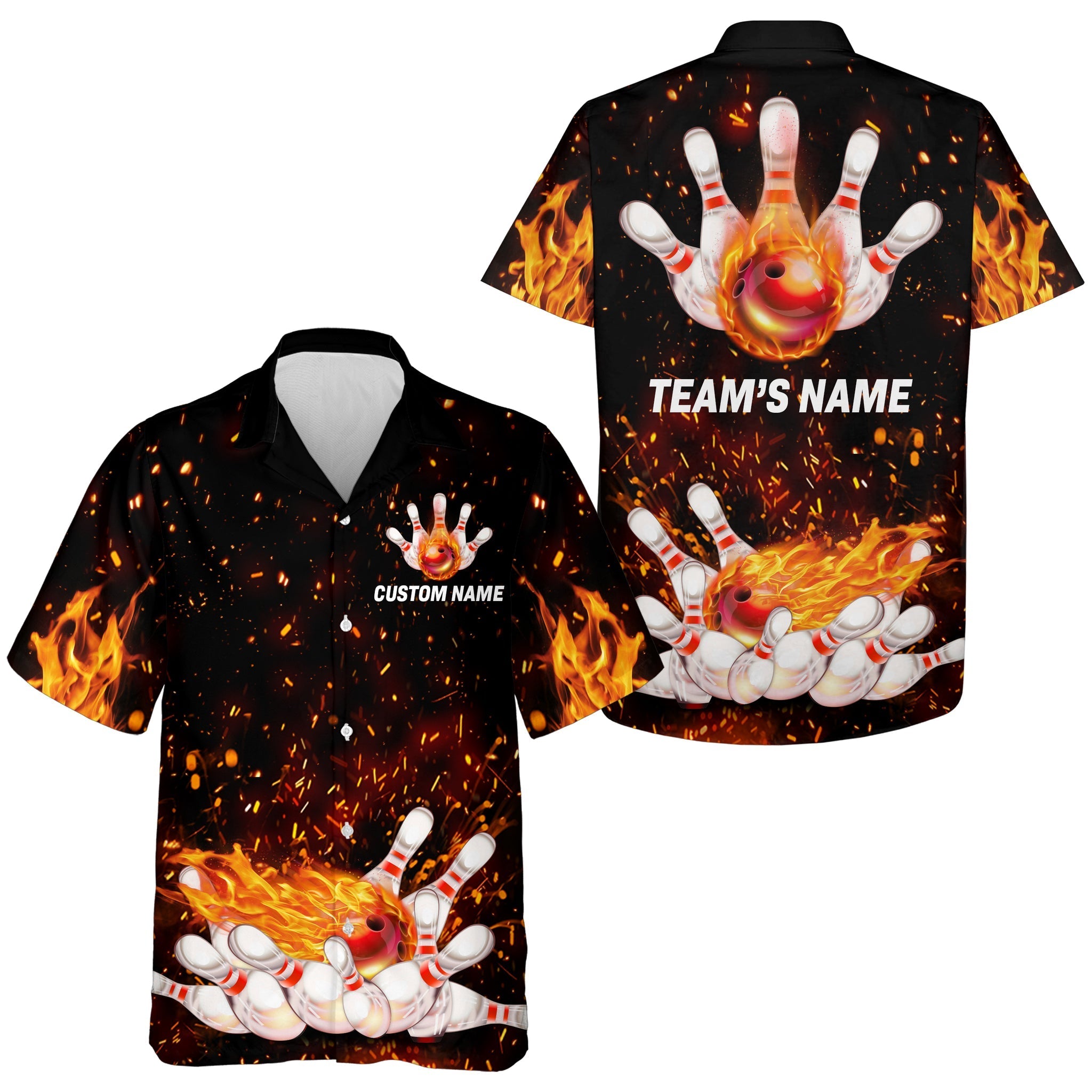 Flame Hawaiian Bowling Shirt, Personalized Team Bowlers Jersey Short Sleeve Button Down Fire Bowling