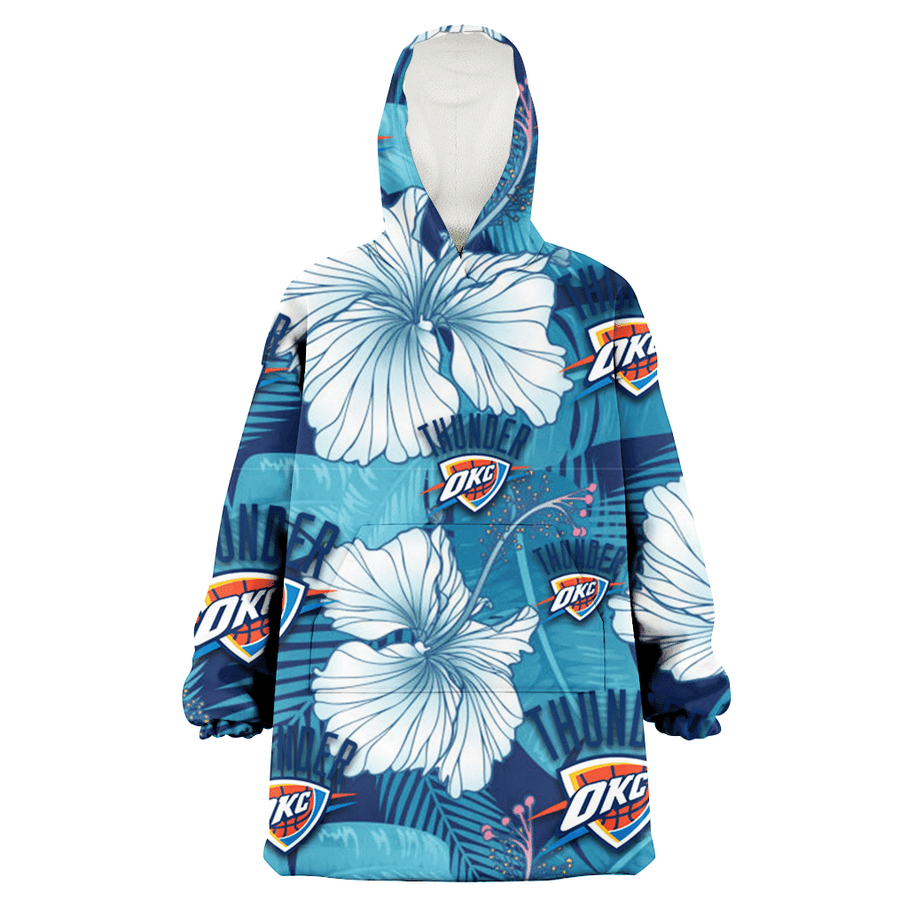 Oklahoma City Thunder White Hibiscus Turquoise Banana Leaf Navy Background 3D Printed Hoodie Blanket Snug Hoodie